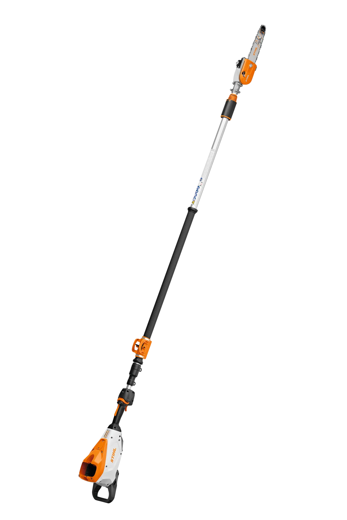 Powerful and professional, this battery-powered pole pruner features a telescoping-shaft.