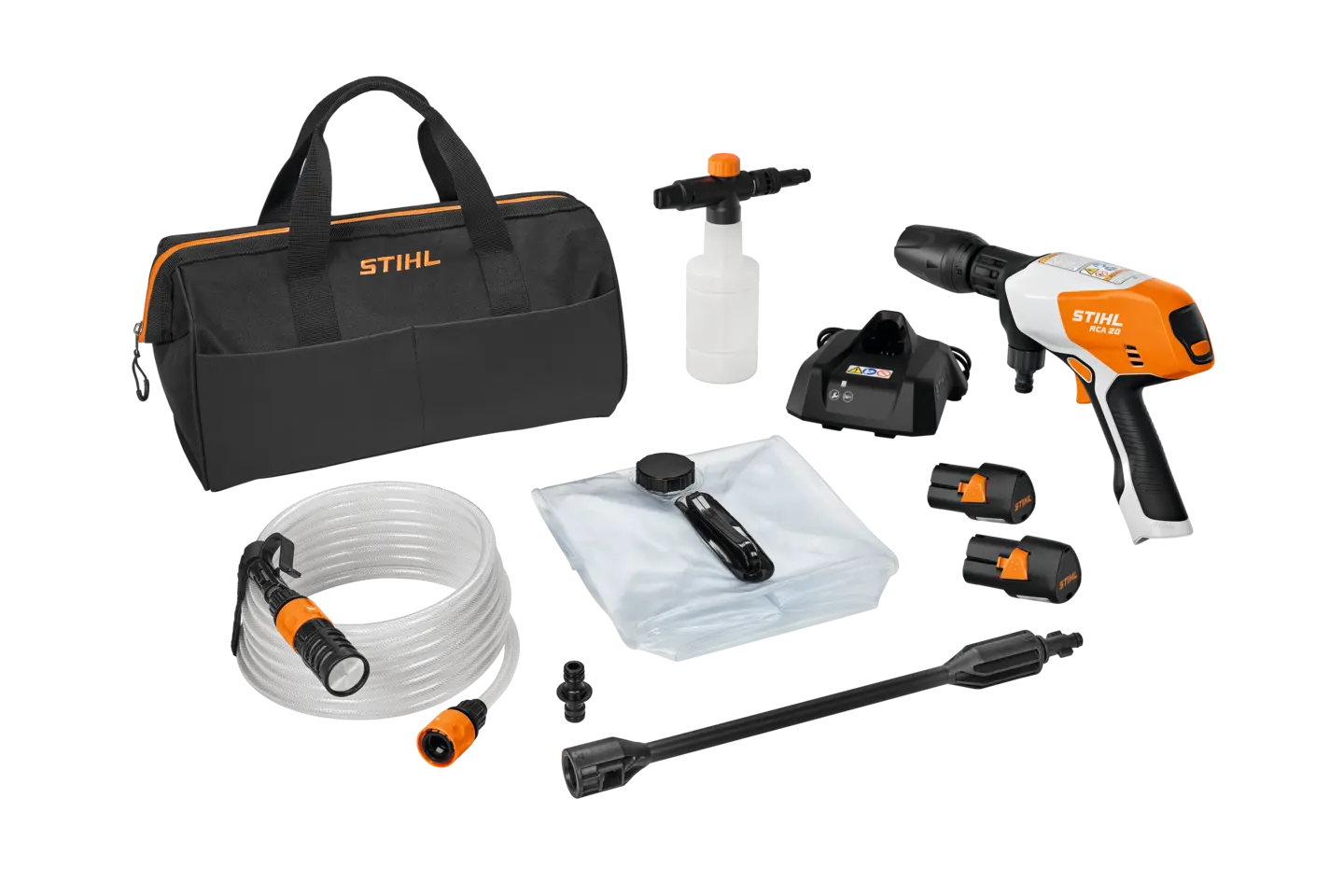Portable, battery-powered cleaner ideal for light jobs from cleaning tires to watering plants.