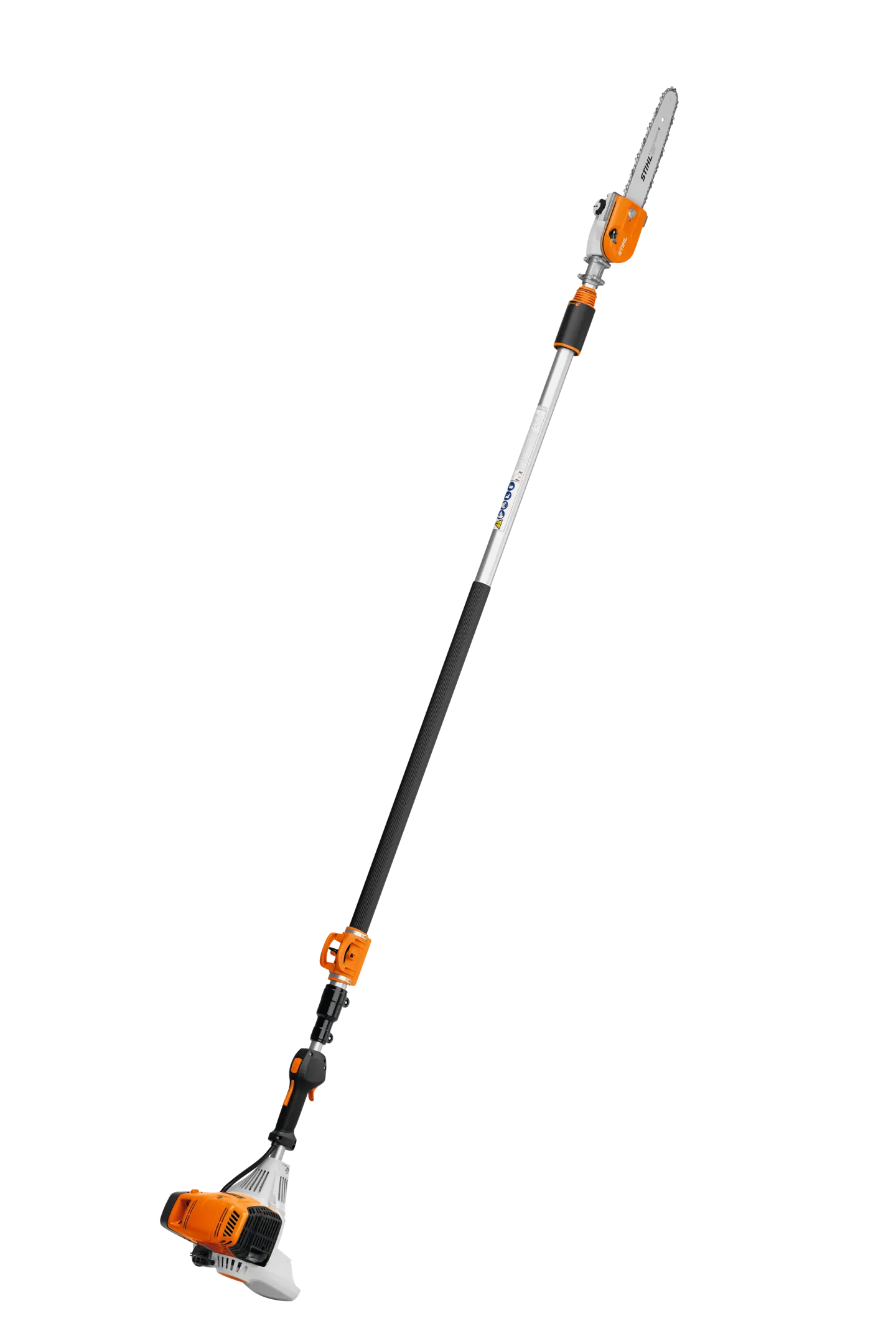 This professional telescoping pole pruner includes an outboard-mounted guide bar and saw chain.