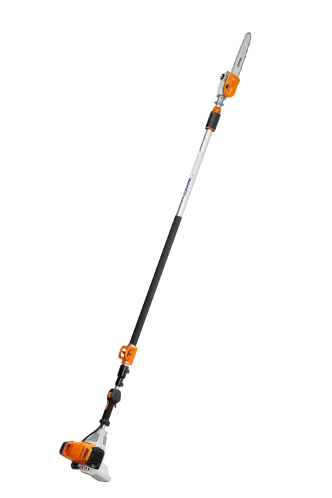 This professional telescoping pole pruner includes an outboard-mounted guide bar and saw chain.