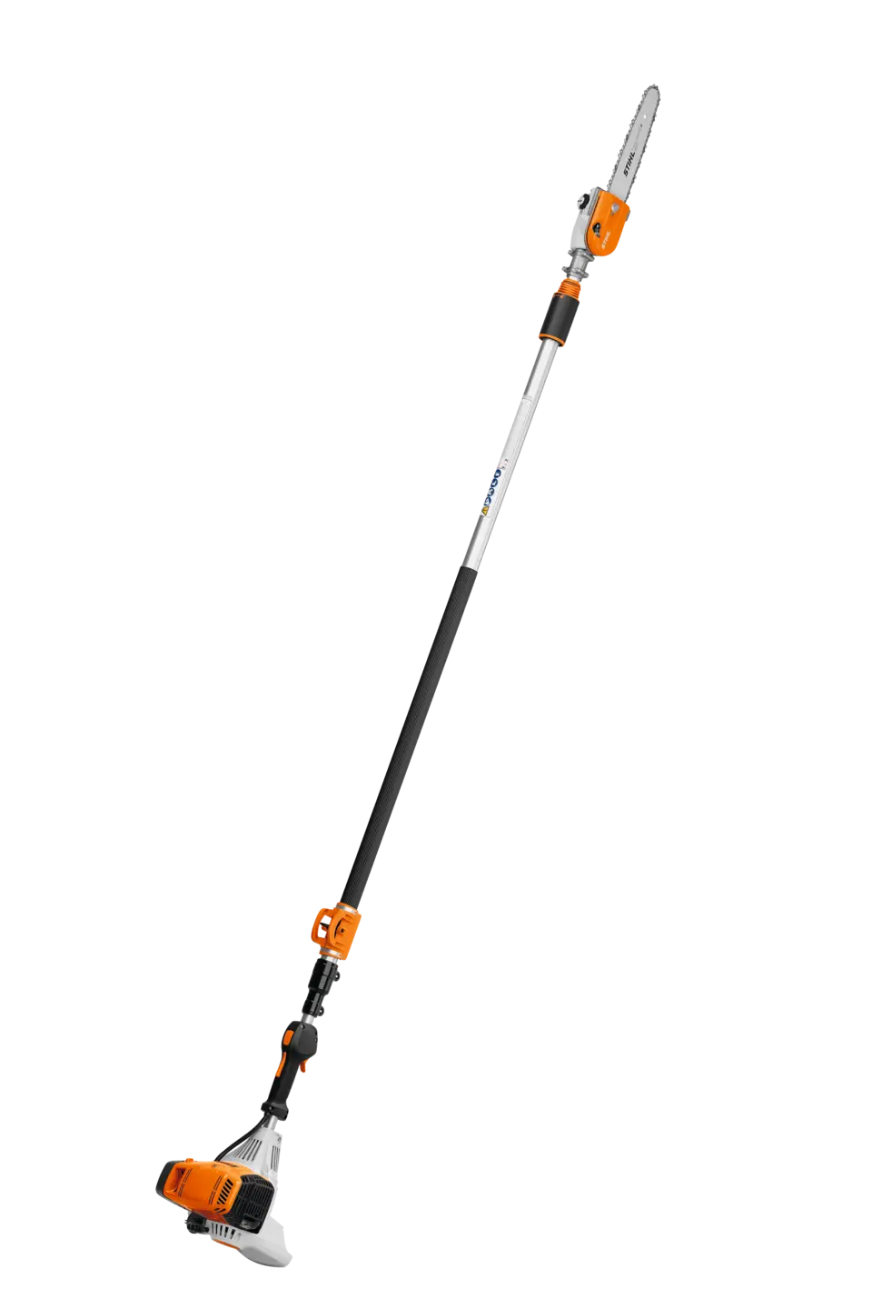This professional telescoping pole pruner includes an outboard-mounted guide bar and saw chain.