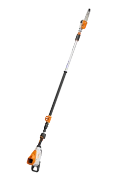 Powerful and professional, this battery-powered pole pruner features a telescoping-shaft.