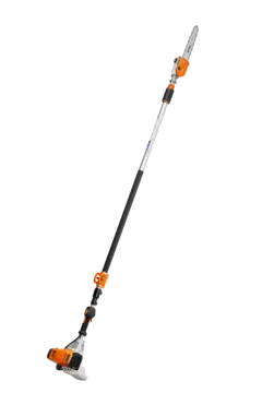 This professional telescoping pole pruner includes an outboard-mounted guide bar and saw chain.